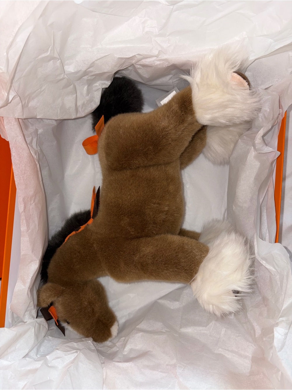 Hermes Brown and White Plush Horse Toy with Orange Accents